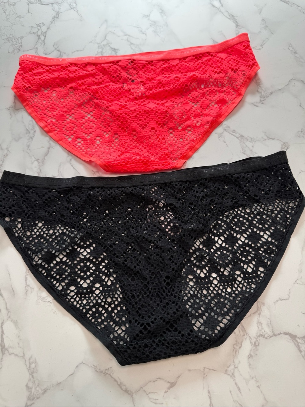 Victoria Secret Women’s Lace Bikini Briefs Set — Neon Coral & Black. Size M.